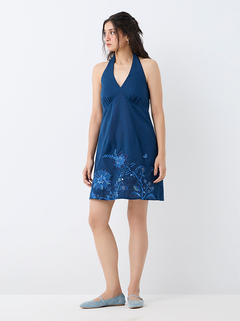 Bombay Paisley Dark Blue Floral Embroidered Cotton A-Line Dress