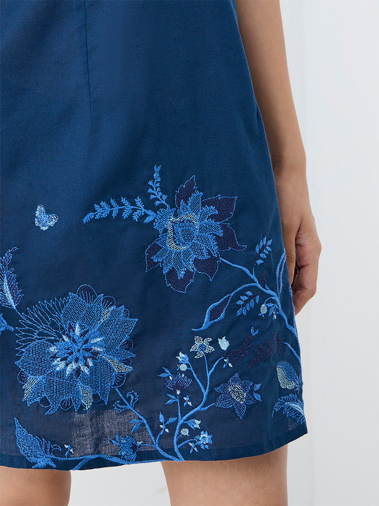 Bombay Paisley Dark Blue Floral Embroidered Cotton A-Line Dress