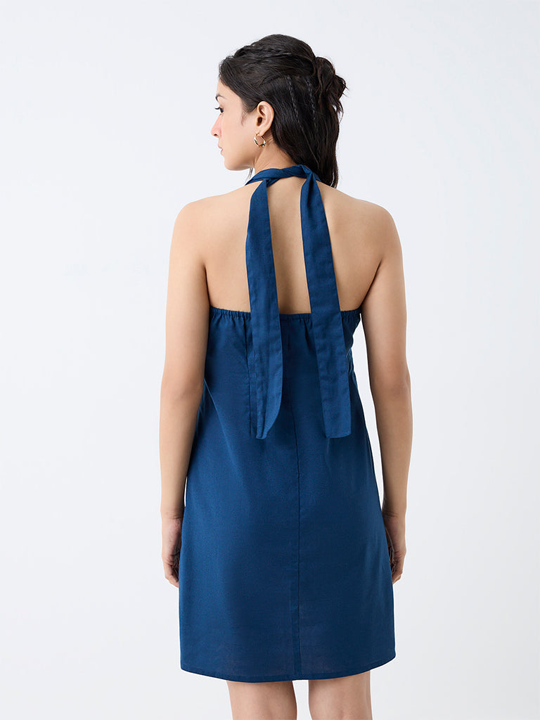 Bombay Paisley Dark Blue Floral Embroidered Cotton A-Line Dress