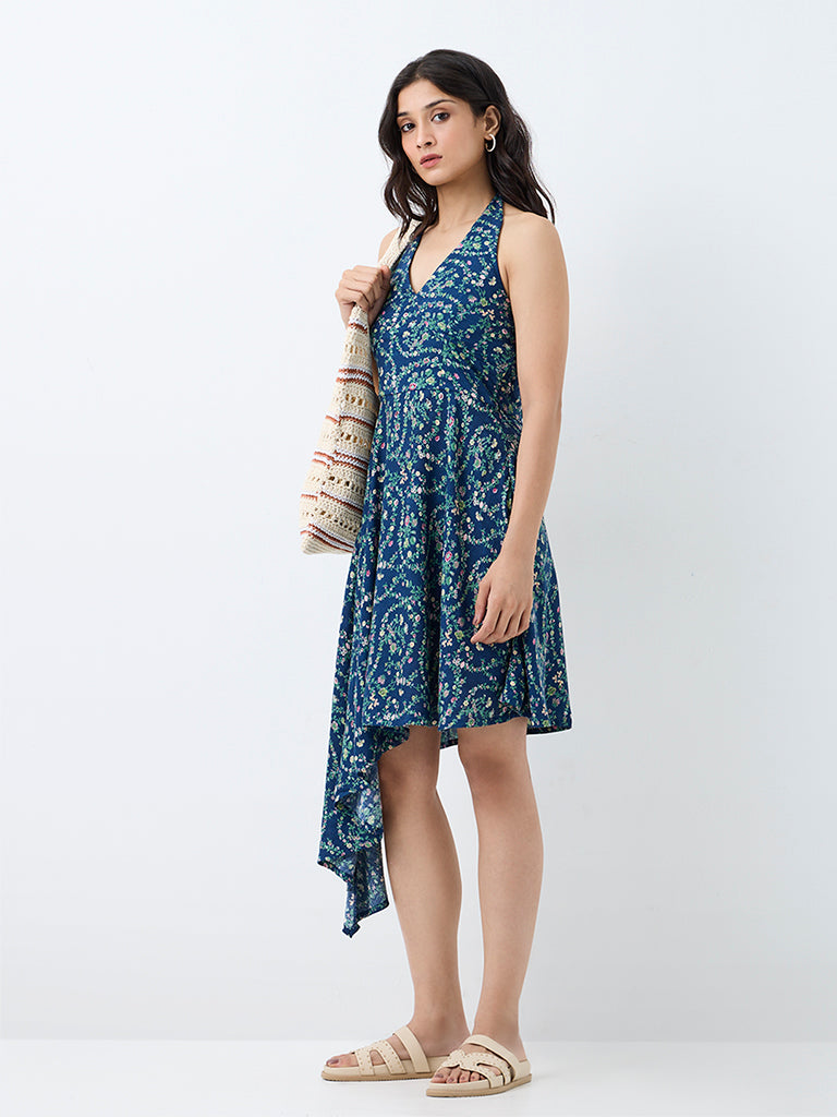 Bombay Paisley Blue Floral Printed Asymmetrical Dress