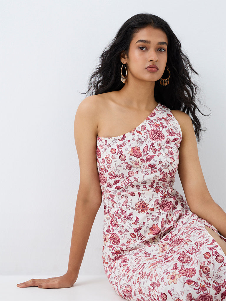 Bombay Paisley Off-White Floral Printed One-Shoulder Dress
