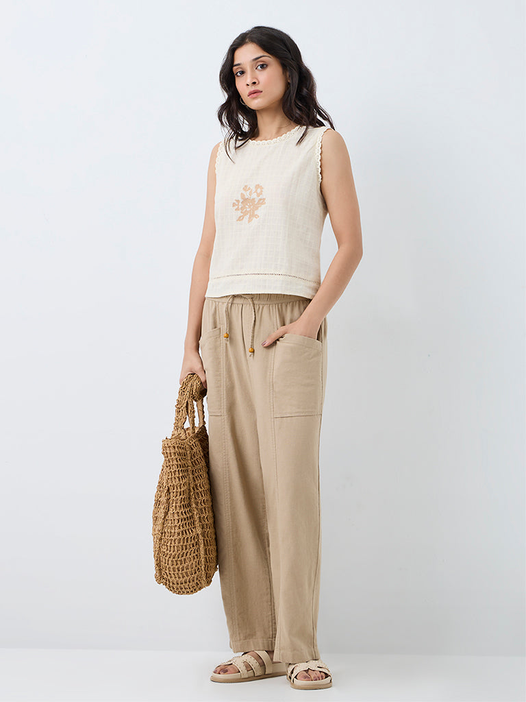 Bombay Paisley Off-White Floral Embroidered Cotton Top