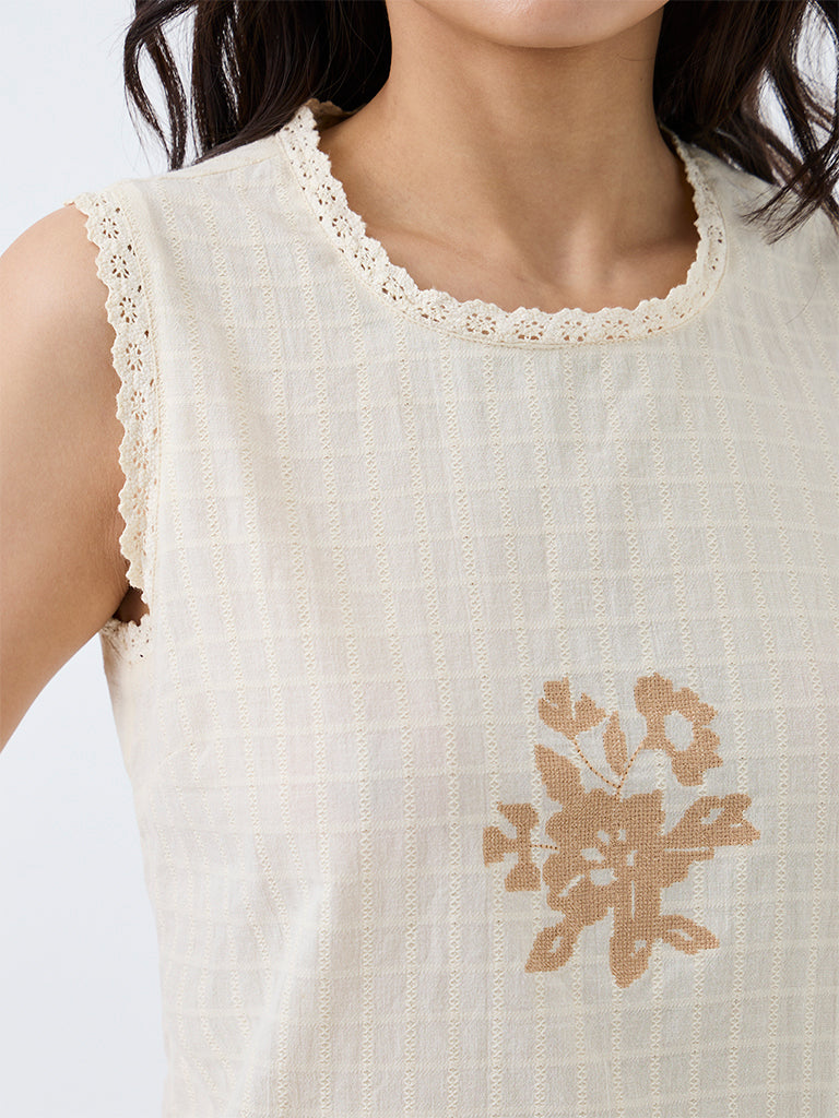 Bombay Paisley Off-White Floral Embroidered Cotton Top