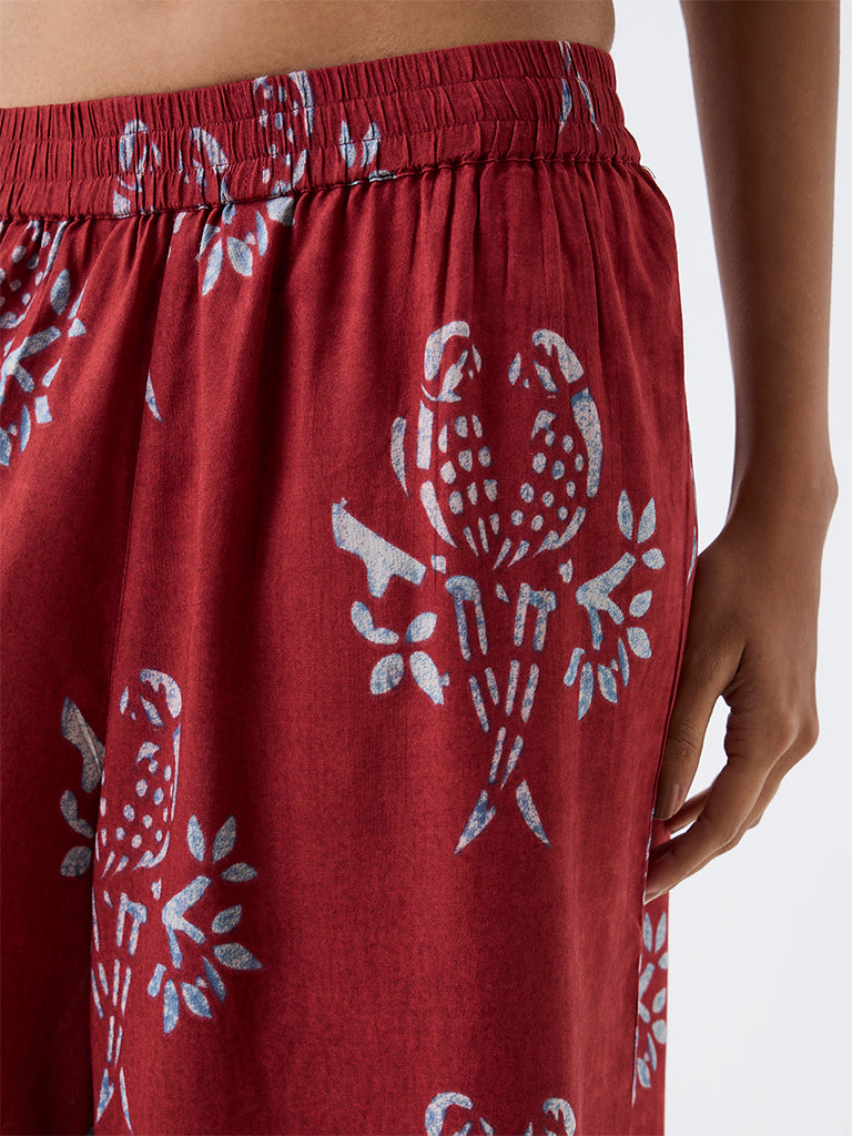 Utsa Red Bird Printed Flared Palazzos