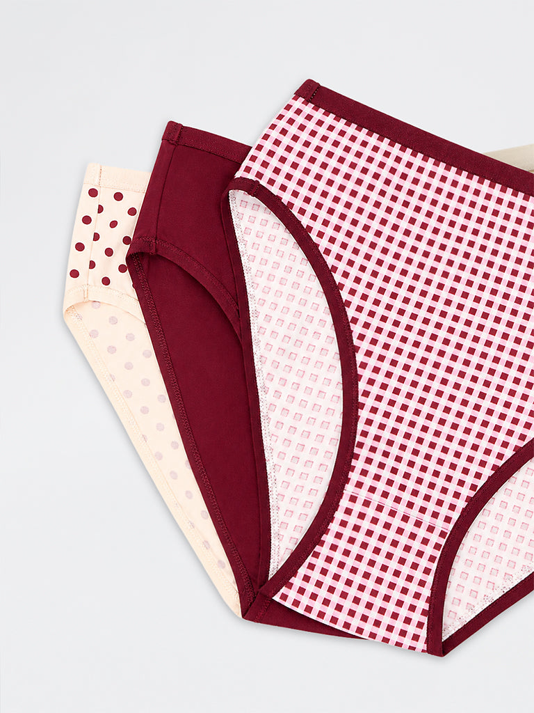 Wunderlove Off-White Geometric Printed Cotton-Blend Bikini Briefs - Pack of 3
