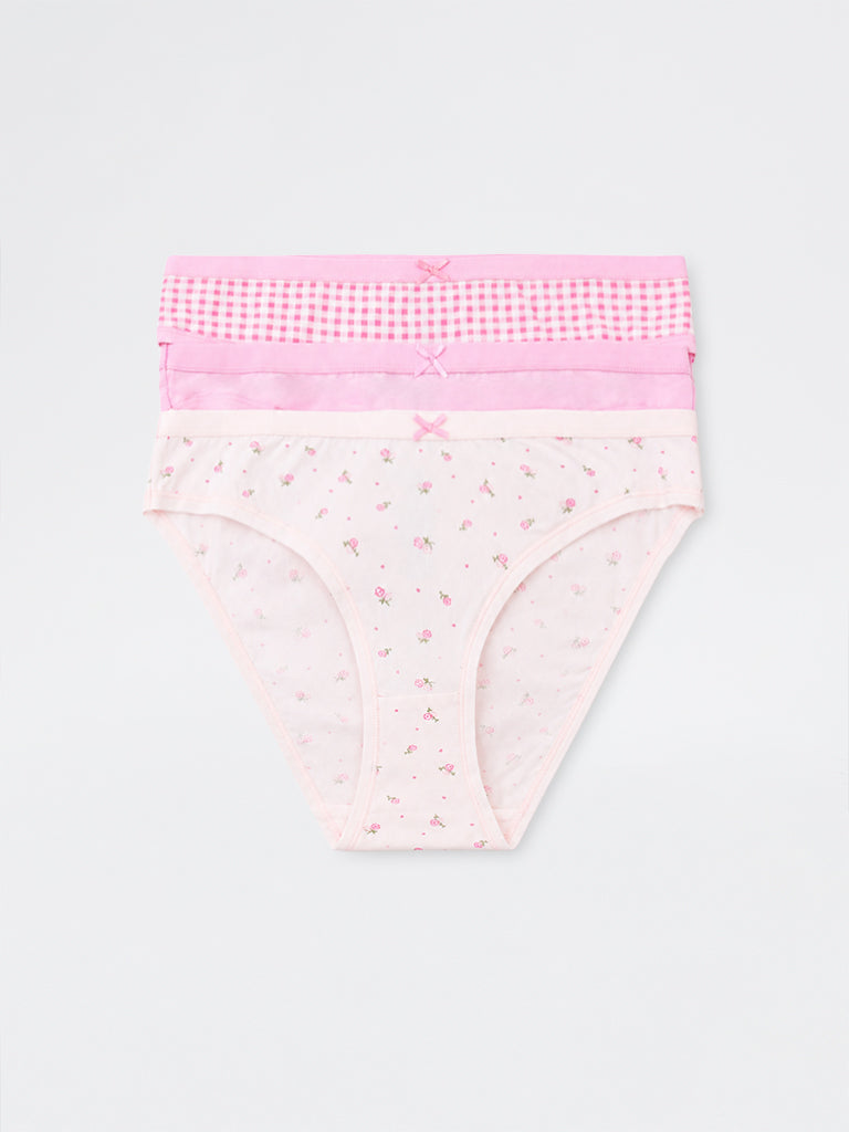 Wunderlove Pink Checkered Cotton-Blend Bikini Briefs - Pack of 3