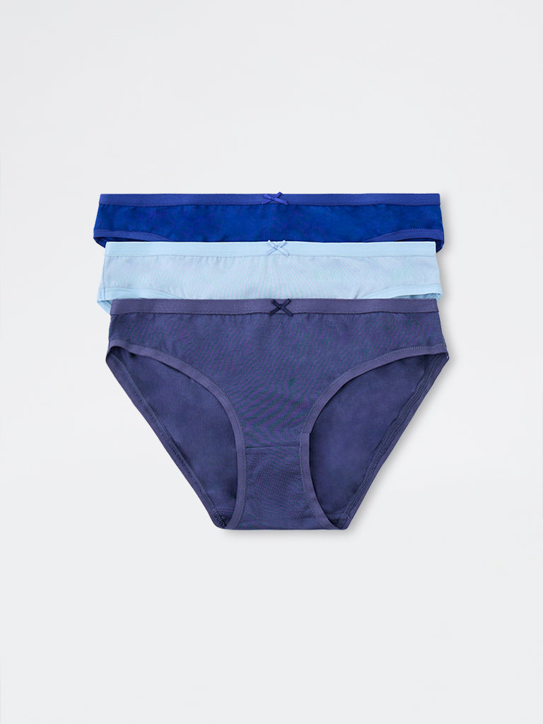 Wunderlove Blue Solid Cotton-Blend Bikini Briefs - Pack of 3