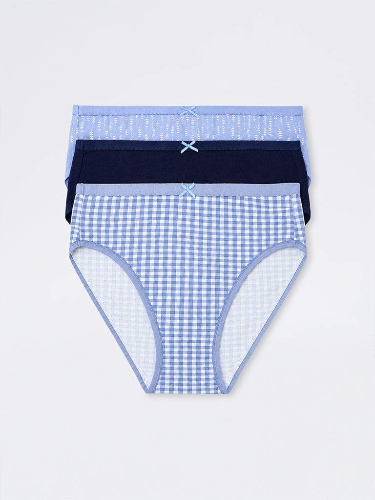 Wunderlove Blue Checkered Cotton-Blend Bikini Briefs - Pack of 3