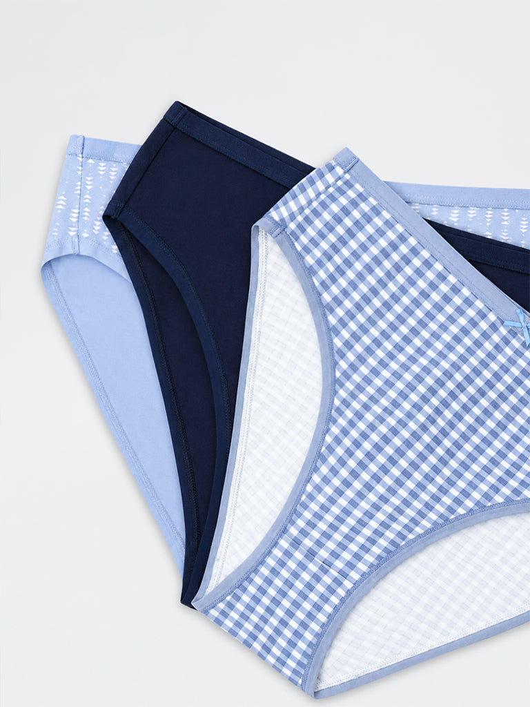 Wunderlove Blue Checkered Cotton-Blend Bikini Briefs - Pack of 3