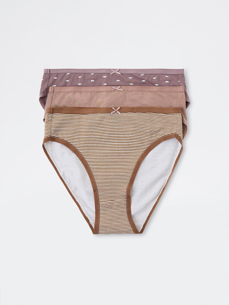 Wunderlove Dusty Brown Cotton-Blend Hi-Leg Briefs - Pack of 3