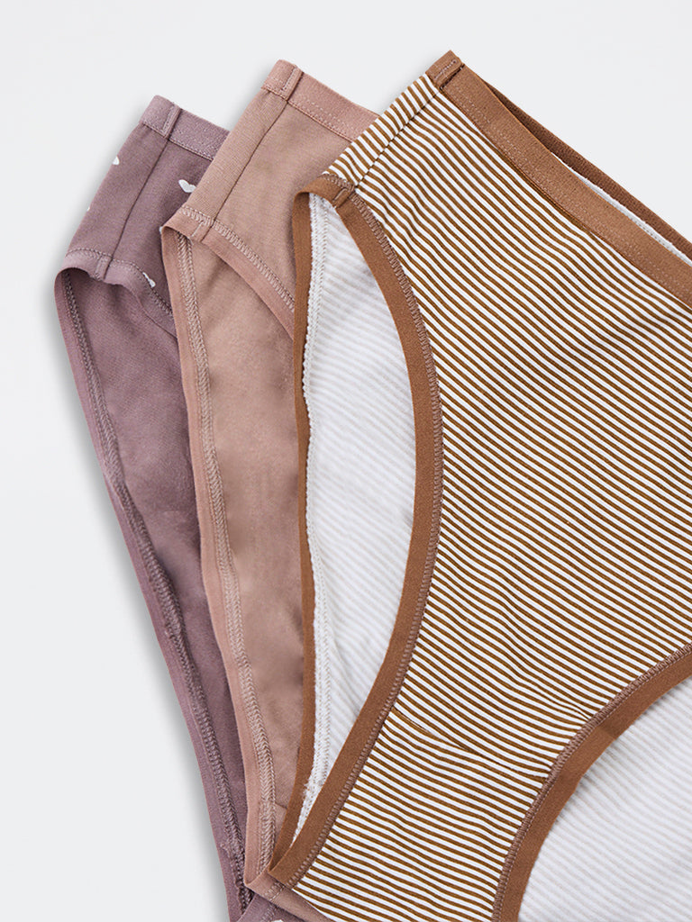 Wunderlove Dusty Brown Cotton-Blend Hi-Leg Briefs - Pack of 3