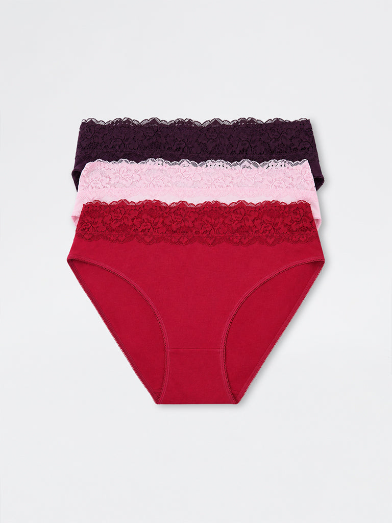 Wunderlove Dark Plum Lace-Detail Cotton-Blend Hi-Leg Briefs - Pack of 3