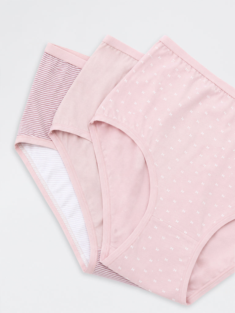Wunderlove Pink Striped Cotton-Blend High-Rise Briefs - Pack of 3