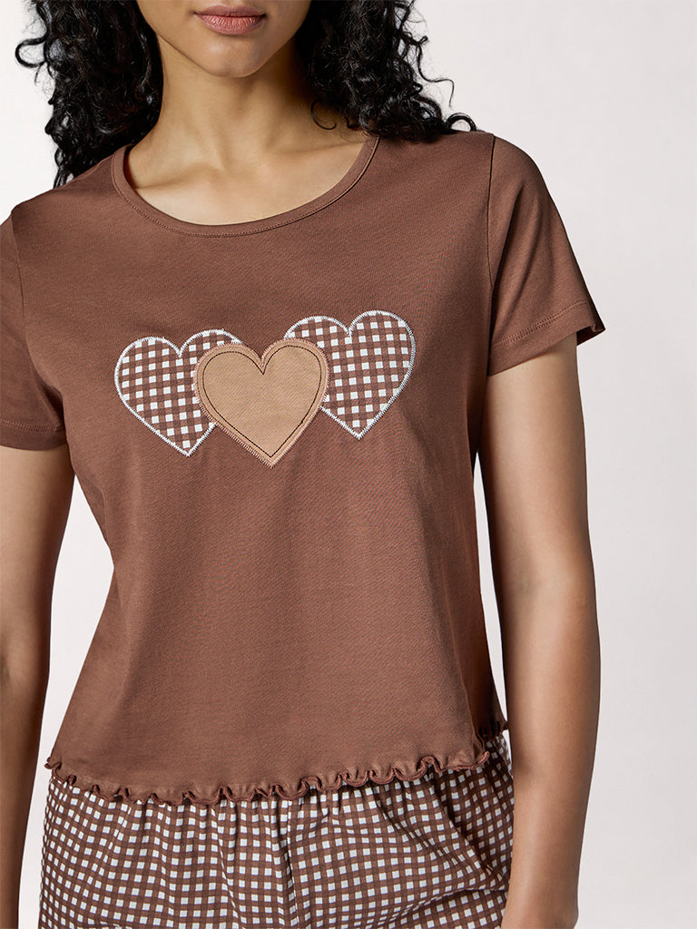 Wunderlove Brown Heart Design Cotton T-Shirt and Shorts Set