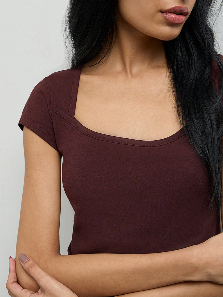Superstar Dark Brown Solid Cotton-Blend Top