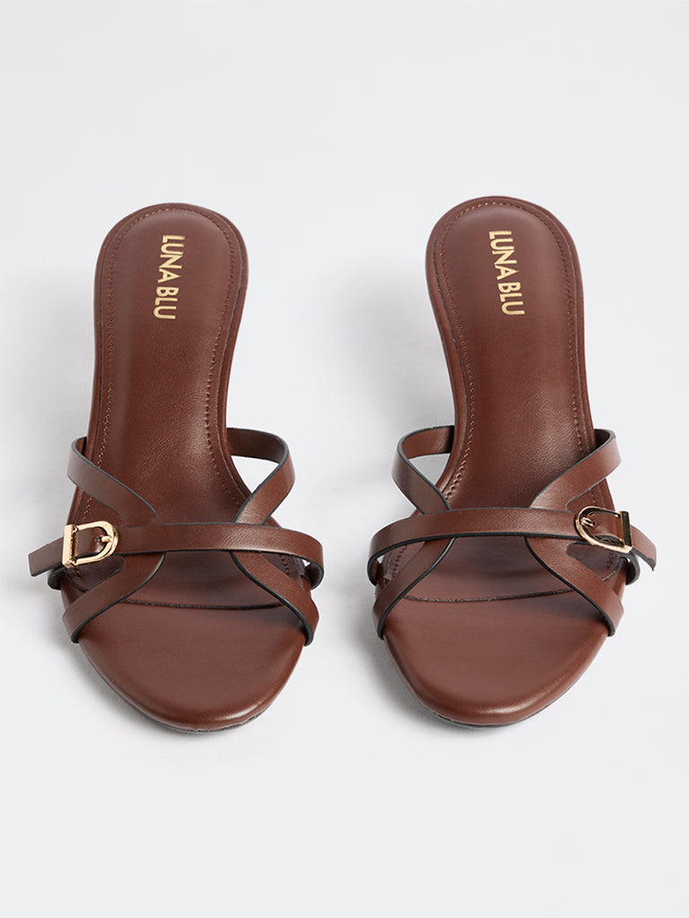 LUNA BLU Brown Buckle-Detail Kitten Heel Sandals