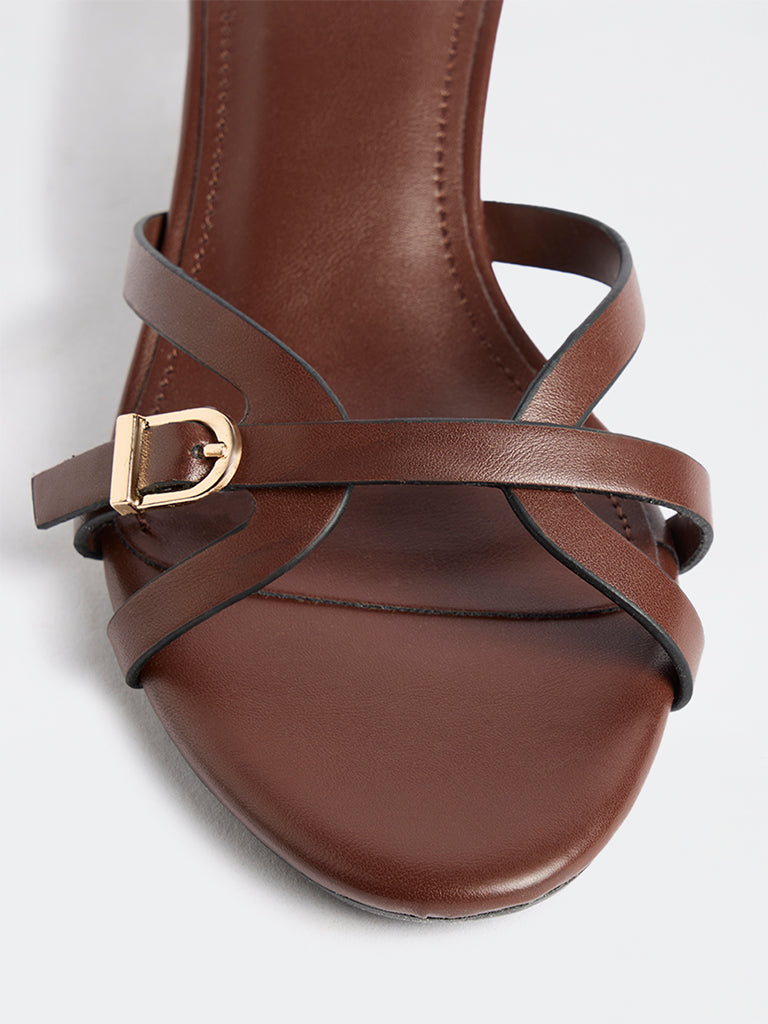 LUNA BLU Brown Buckle-Detail Kitten Heel Sandals