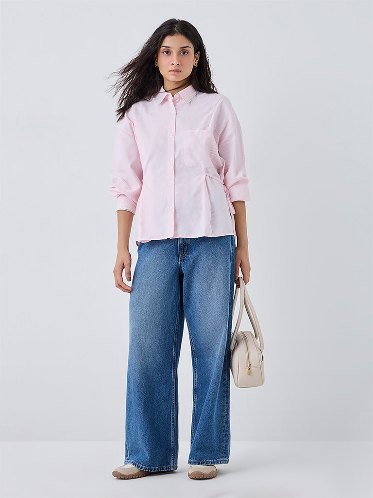 Nuon Light Pink Striped Tie-Up Detail Blouse