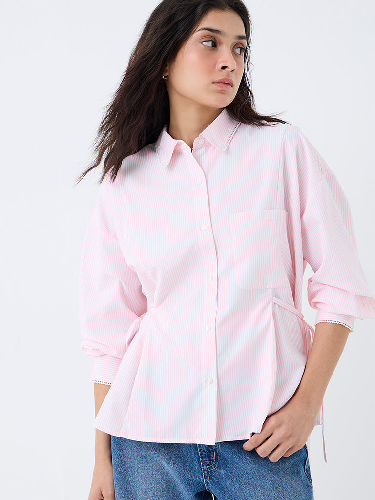 Nuon Light Pink Striped Tie-Up Detail Blouse