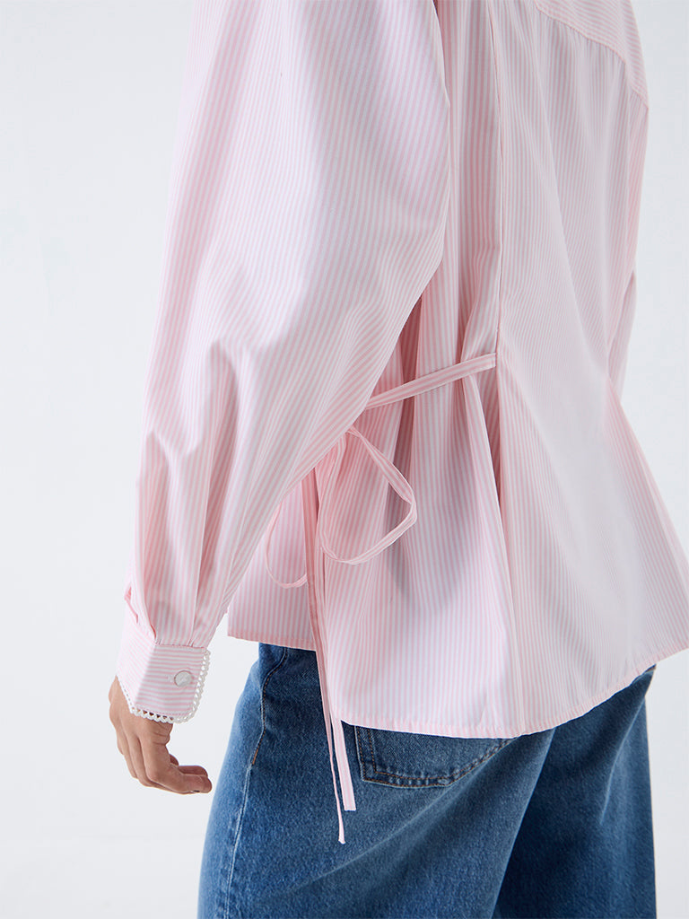 Nuon Light Pink Striped Tie-Up Detail Blouse