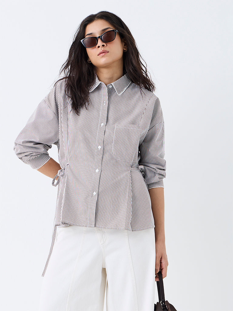 Nuon Dark Taupe Striped Tie-Up Detail Blouse