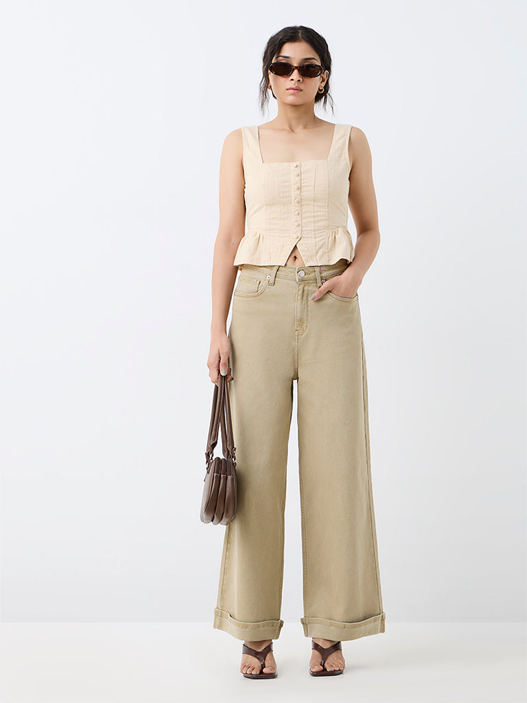 Nuon Beige Textured Bustier Cotton Blouse