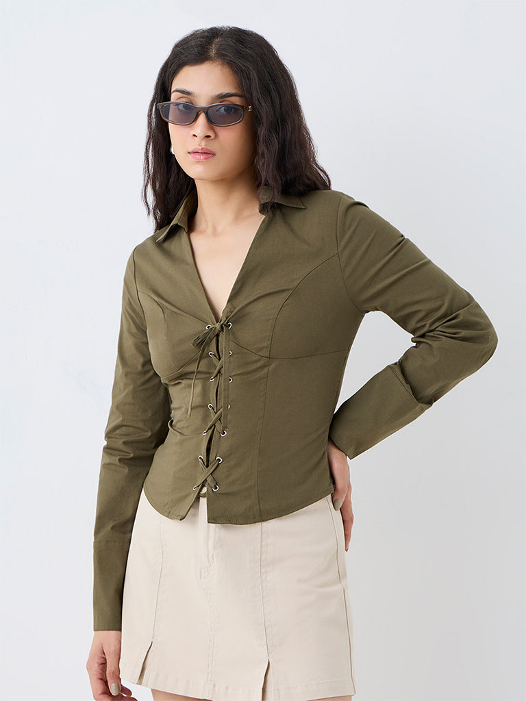 Nuon Olive Criss-Cross Detailed Cotton Blouse