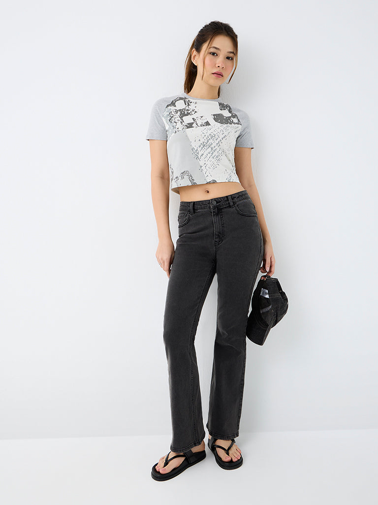 Nuon Grey Abstract Printed Cotton T-Shirt