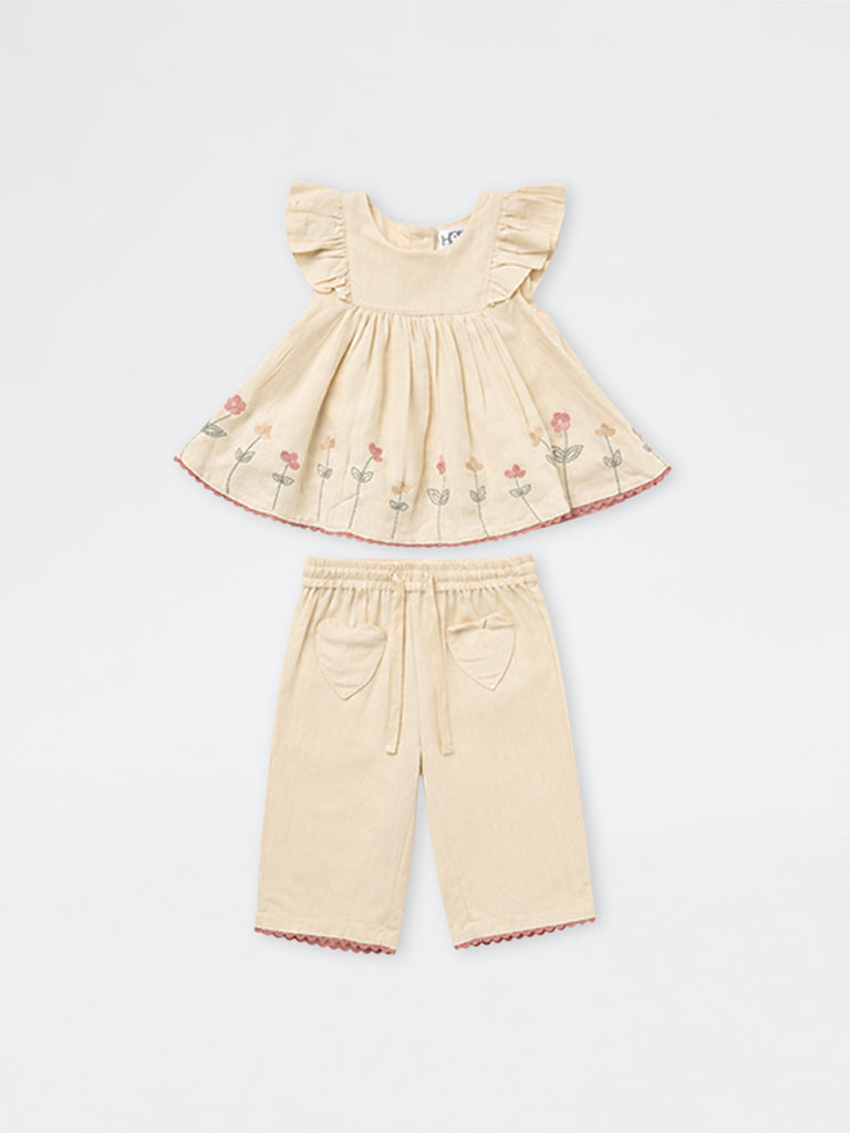 HOP Baby Girls Beige Floral Embroidered Peplum Top and Pants Set