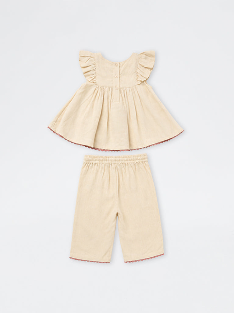 HOP Baby Girls Beige Floral Embroidered Peplum Top and Pants Set