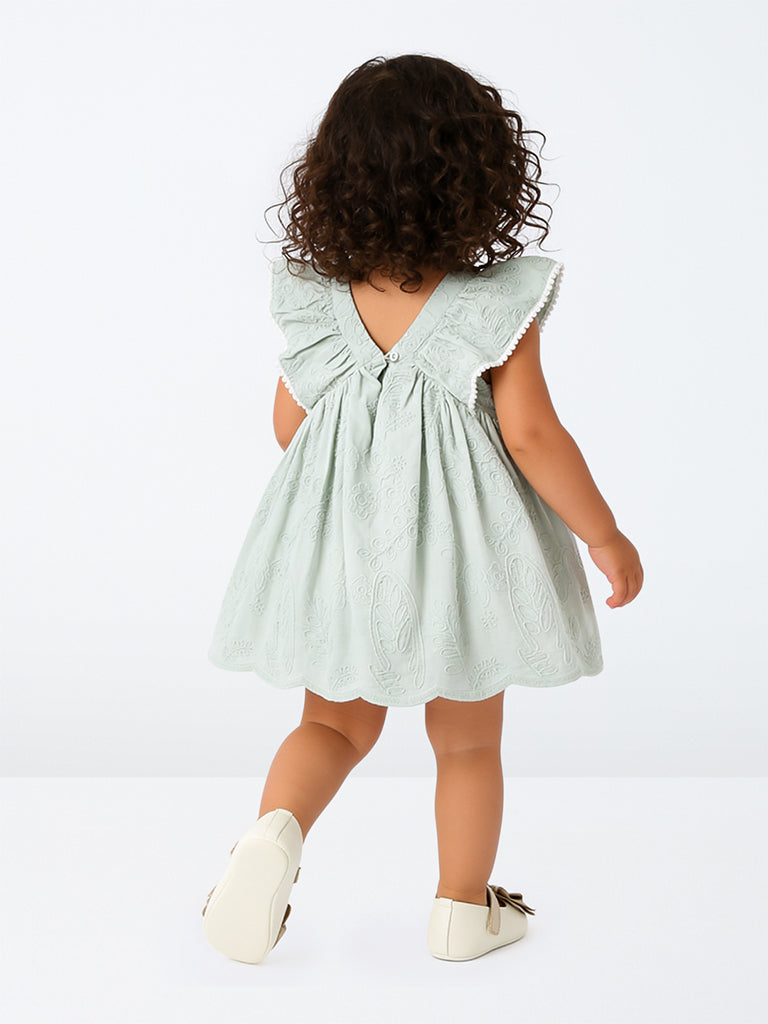 HOP Baby Girls Mint Floral Embroidered Cotton A-Line Dress