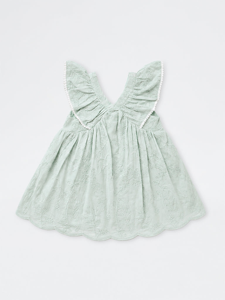 HOP Baby Girls Mint Floral Embroidered Cotton A-Line Dress