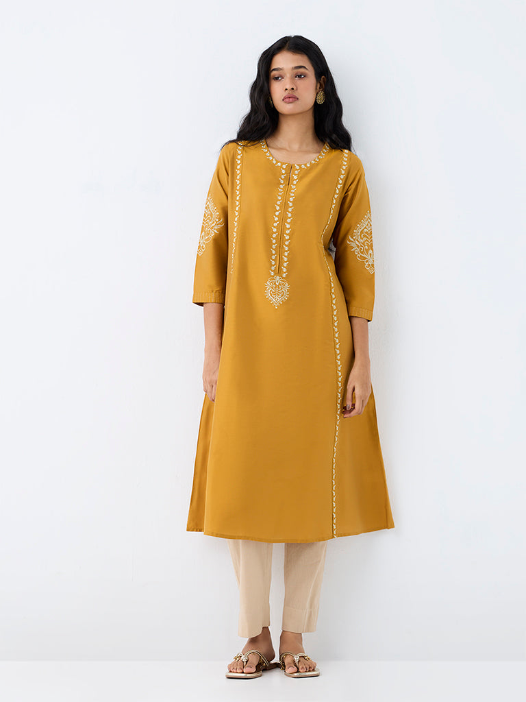 Utsa Mustard Embroidered A-Line Kurta