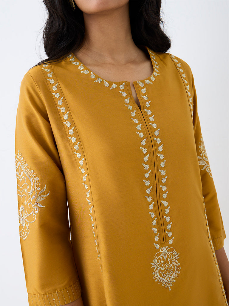 Utsa Mustard Embroidered A-Line Kurta