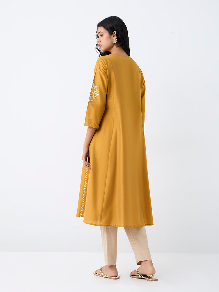 Utsa Mustard Embroidered A-Line Kurta