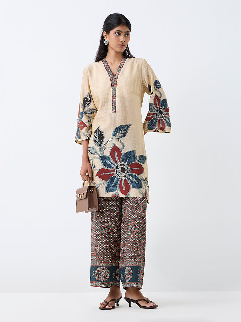 Utsa Light Beige Floral Printed A-Line Kurta