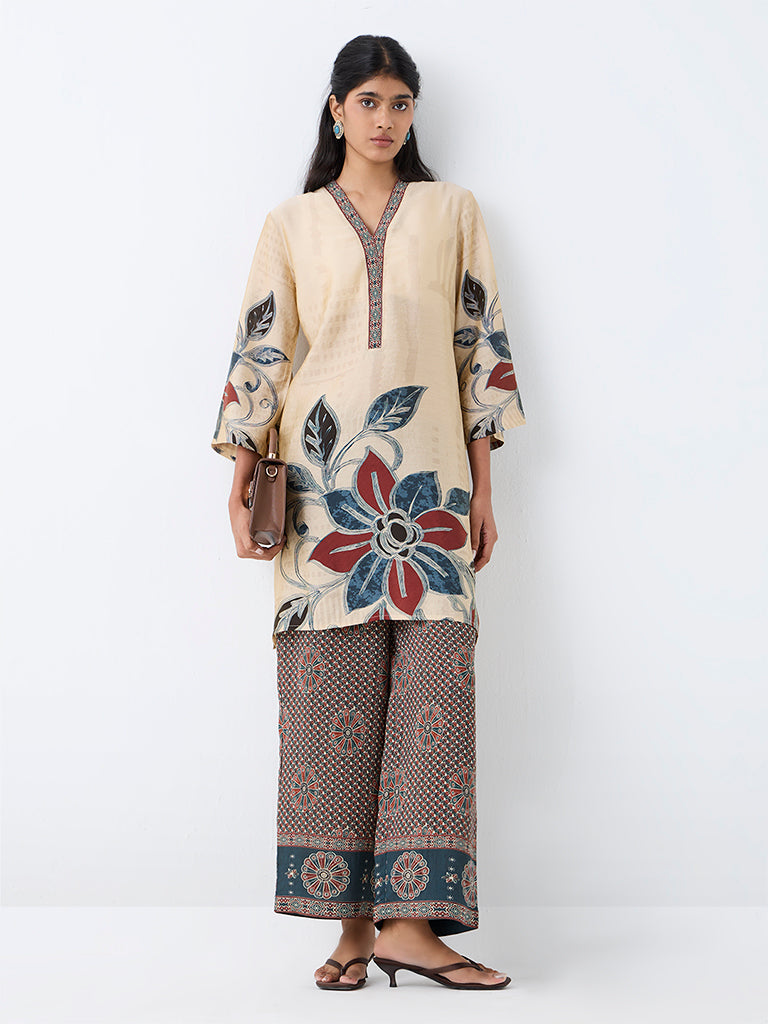 Utsa Light Beige Floral Printed A-Line Kurta