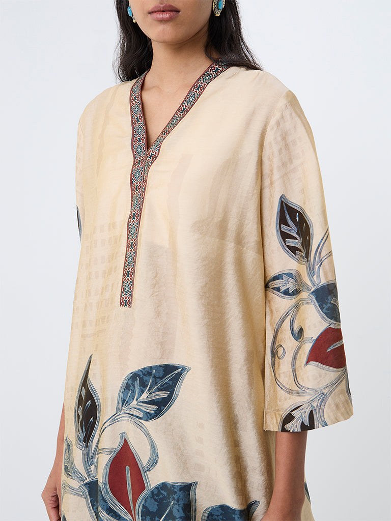 Utsa Light Beige Floral Printed A-Line Kurta