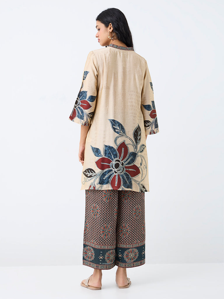 Utsa Light Beige Floral Printed A-Line Kurta