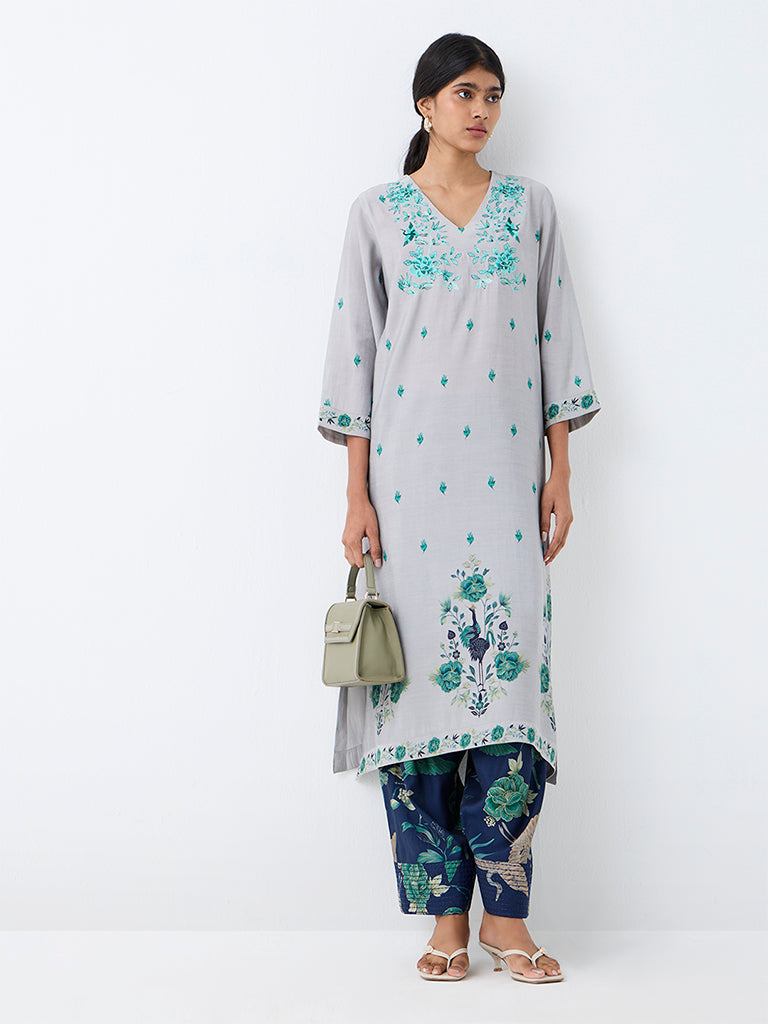 Utsa Grey Floral Pattern A-Line Kurta