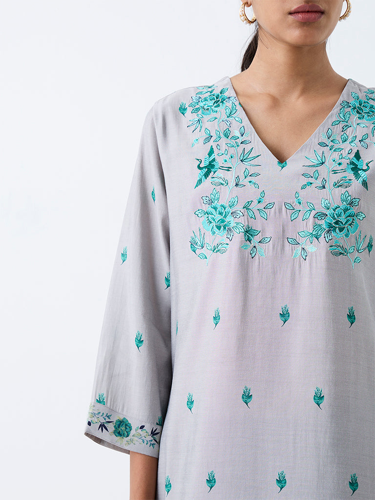 Utsa Grey Floral Pattern A-Line Kurta