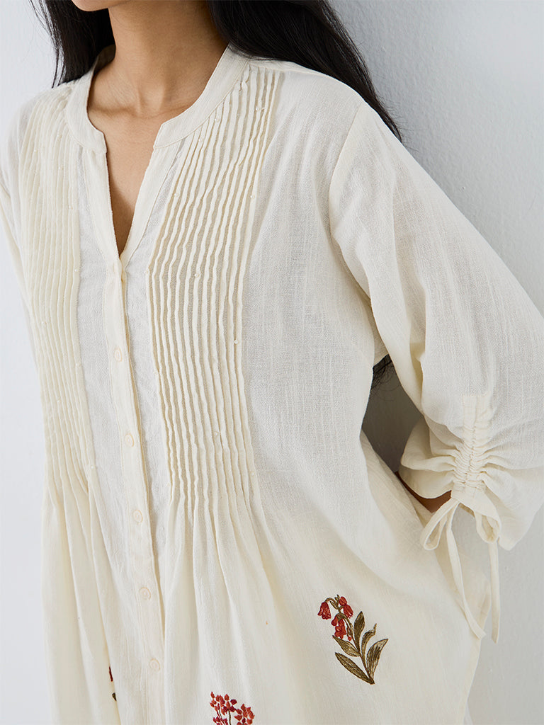 Utsa Off-White Pintuck Detailed Cotton Tunic