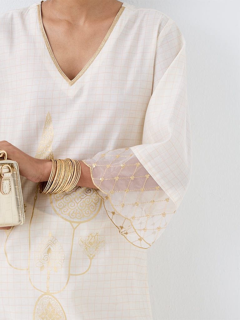 Utsa Off-White Printed A-Line Kurti