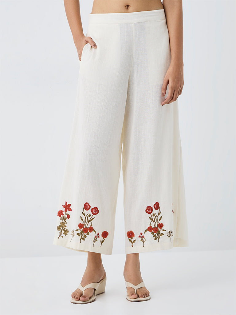 Utsa Off-White Floral Embroidered Cotton Pants