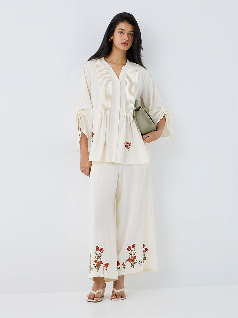Utsa Off-White Floral Embroidered Cotton Pants