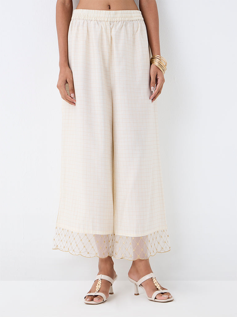 Utsa Off-White Checkered Palazzos