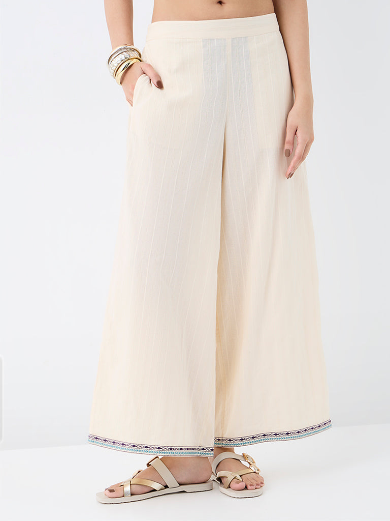 Utsa Off-White Self-Striped Cotton Palazzos