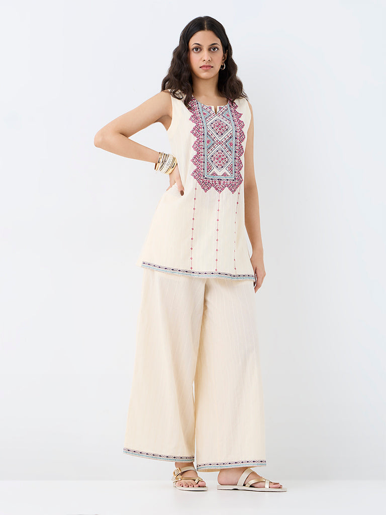 Utsa Off-White Self-Striped Cotton Palazzos