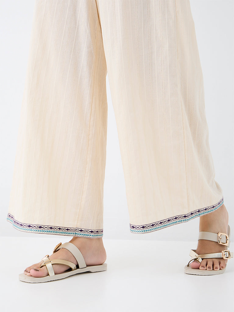 Utsa Off-White Self-Striped Cotton Palazzos