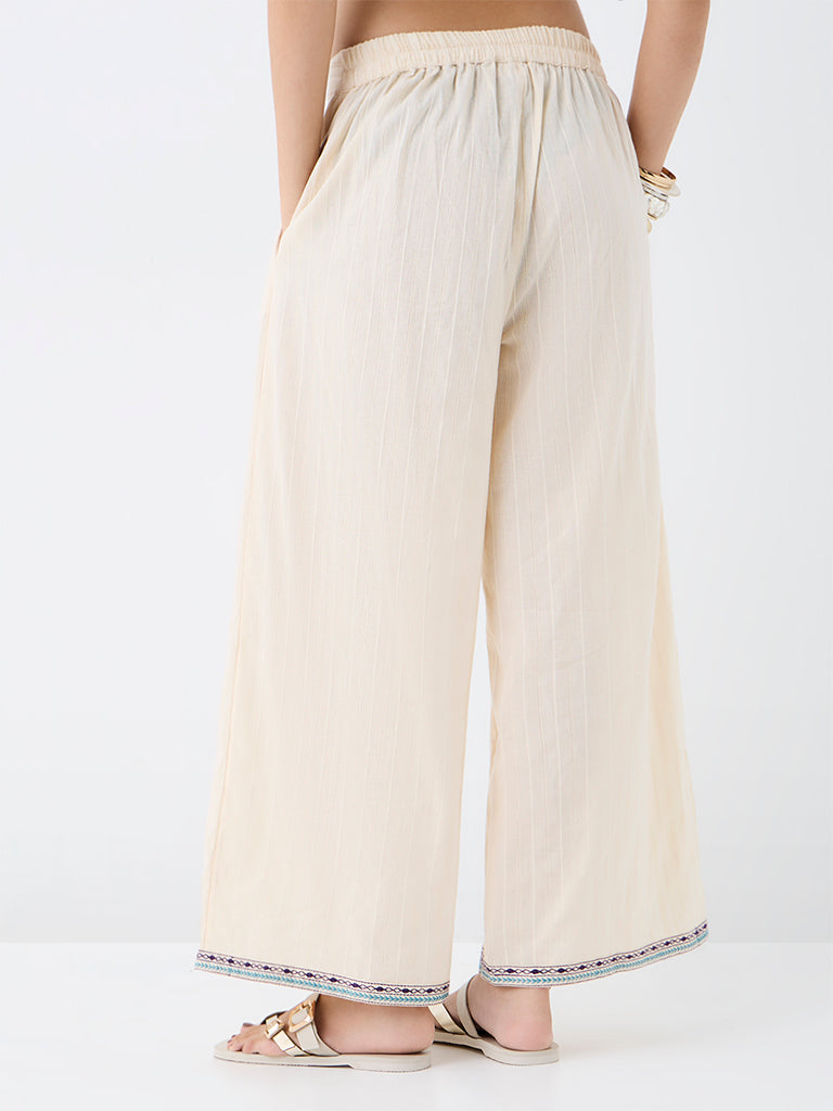 Utsa Off-White Self-Striped Cotton Palazzos